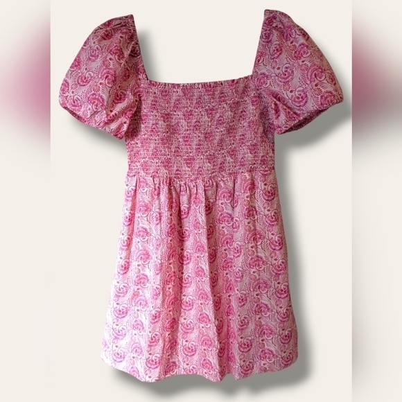 J. Crew Pink Floral Smocked Square Neckline Puff Sleeve Flowy Poplin Mini Dress - Picture 2 of 10